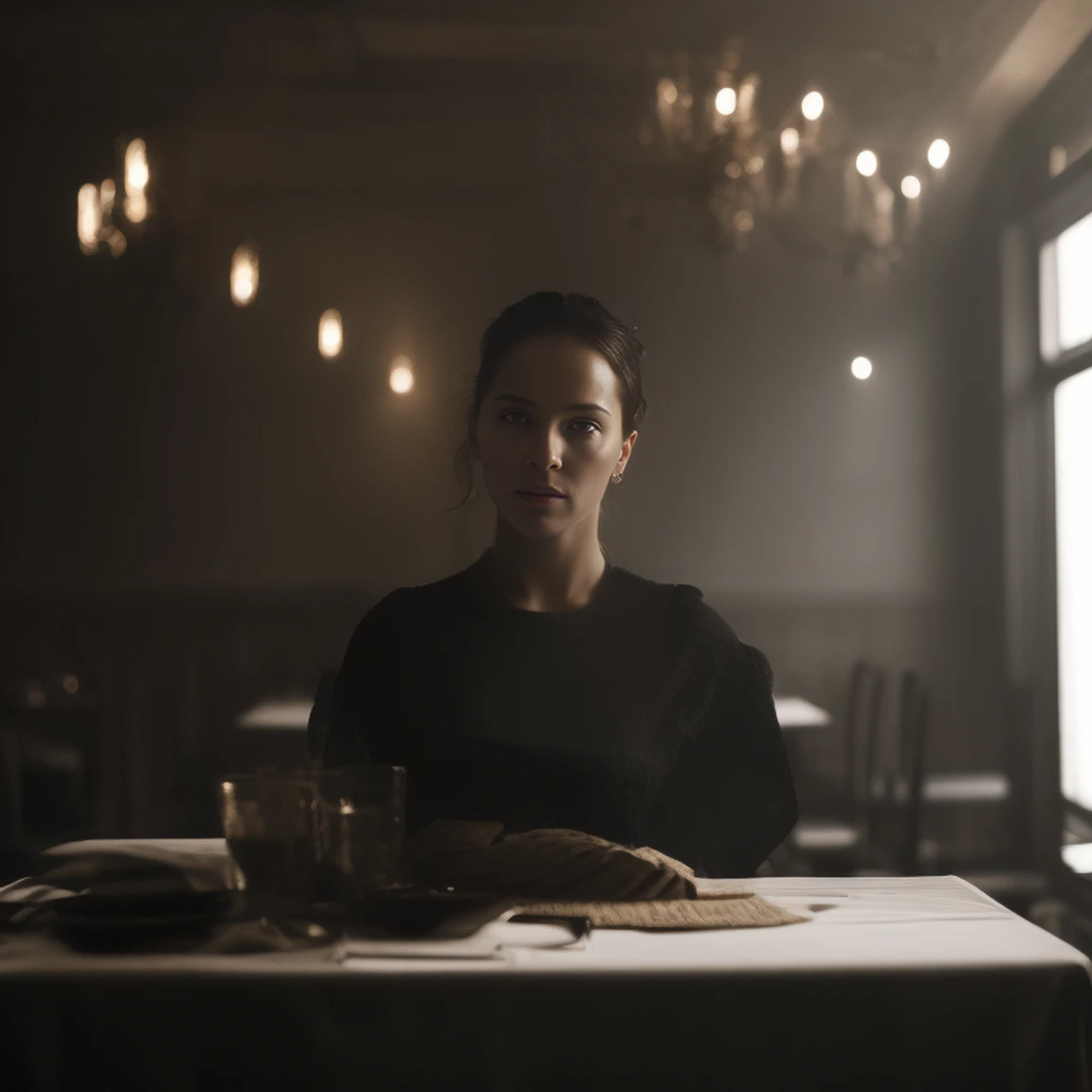 photo of a confident assassin named Emily, wearing a little black dress, inside a French restaurant, silverware, table cloth, backlit, 8k uhd, dslr, soft lighting, high quality, volumetric lighting, (CinemaHelper:1.2), centered