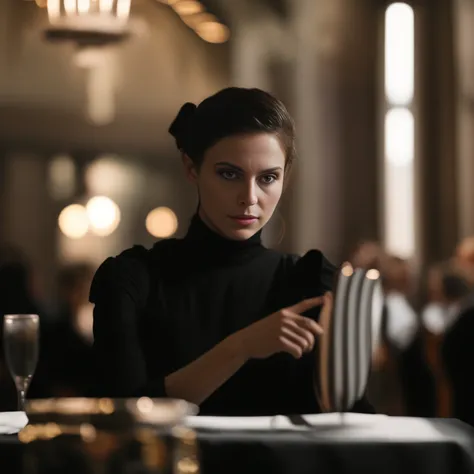 photo of a confident assassin named Emily, wearing a little black dress, inside a French restaurant, silverware, table cloth, backlit, 8k uhd, dslr, soft lighting, high quality, volumetric lighting, (CinemaHelper:1.2), centered