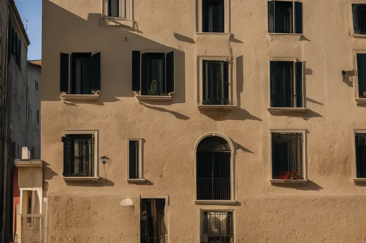 venice italy, villa facade, golden hour, heartwarming light, volumetric shadows