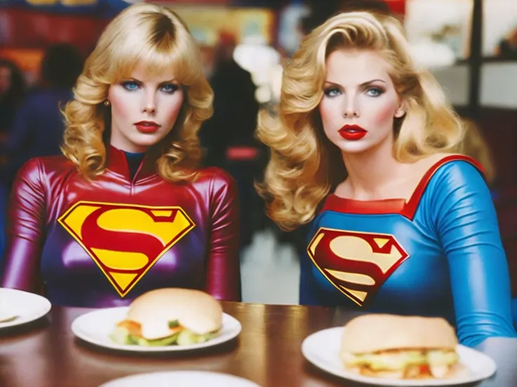 half body (polaroid photo) of a 20 year old Dorothy Stratten and traci lords, dressed as Supergirl, posing in a McDonalds restaurant, motion blur, saturated colours