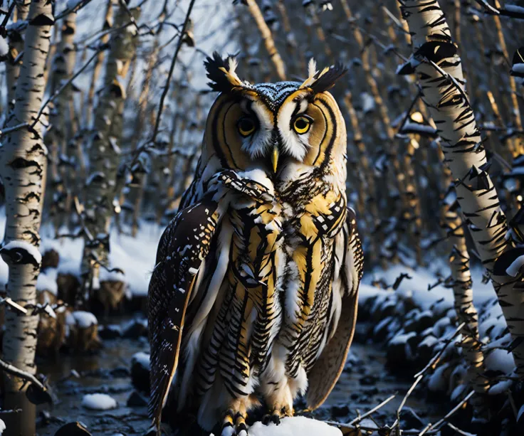 award winning photograph of (((((beautiful majestic owl in (snowy ((Pennsylvania birch forest brook)))))))) in ((winter)), dappled sunlight and shadows, dust, rays of light and shade, golden hour, high contrast, shadowy background, rim lighting, lowkey