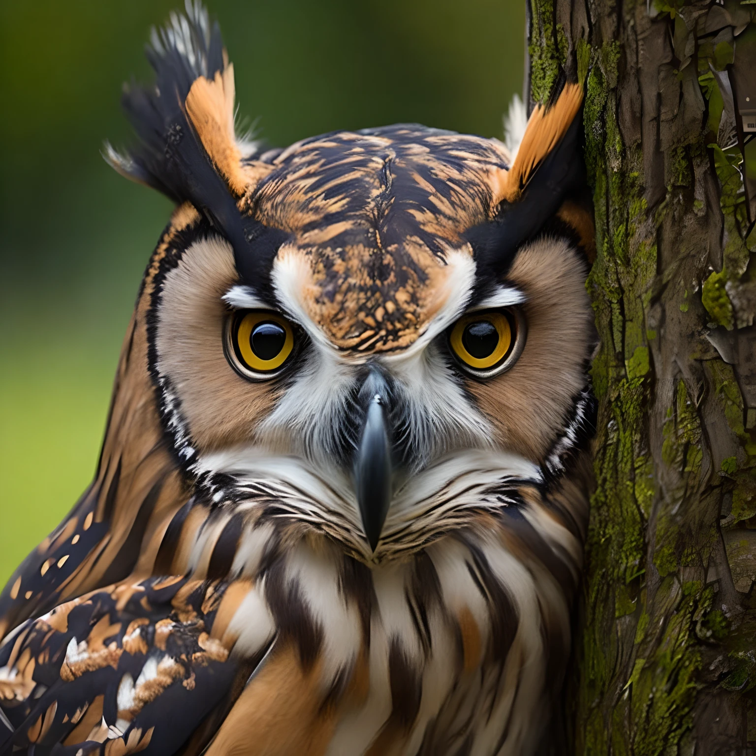 zoom photo shot of a beautiful Eurasian Eagle Owl perched in a green tree, summer's day, searching for prey behind the camera, intricate detail, shallow depth of field