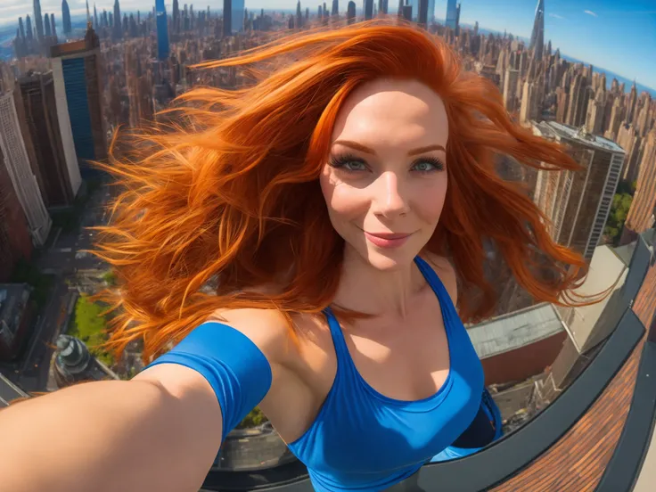 closeup (selfie photo) of 30 year old redhead, doing parkour, New York roof garden, dizzying view of the city, vertigo feeling, fish eye lens