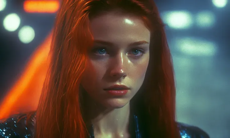 scene from 90's sci-fi  movie, half body shot (35mm photo) of a 20 year old woman, redhead with wet long hair, glossy lips, looking forlorn and deep in thought, dressed in model dress,  blade runner city mixed with Chicago, raining, film grain, (dutch angle)