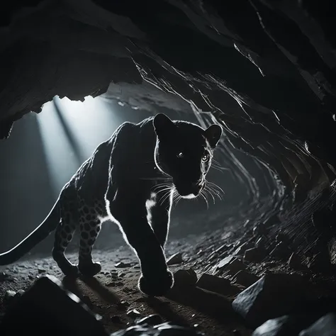 award winning dramatic photograph of (((black leopard))) hunting in (dark) cave with beautiful crystals, interesting beams of light, stark shadows