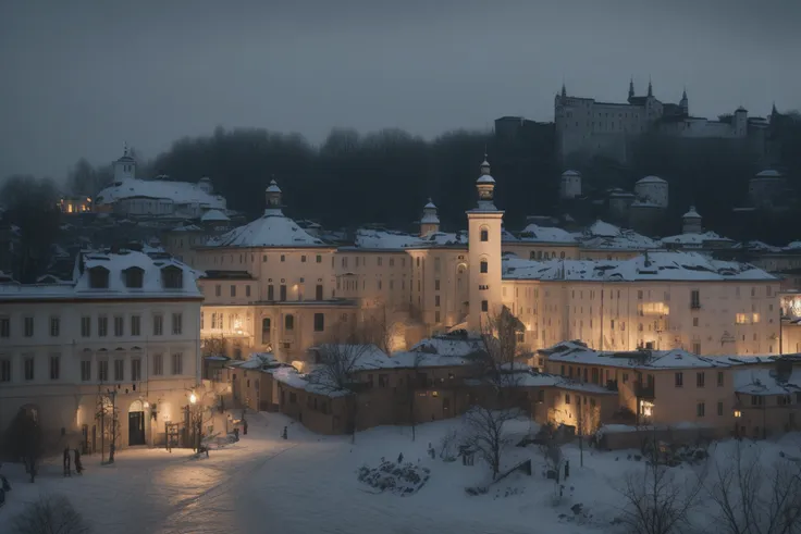 photo of (salzburg austria:1.3), (highly detailed buildings), (in the 18th century:1.4), man walking, (18th centruy clothing:1.5), court yard, blowing snow, night, dark moody atmosphere, 8k uhd, dslr, soft lighting, high quality, volumetric lighting