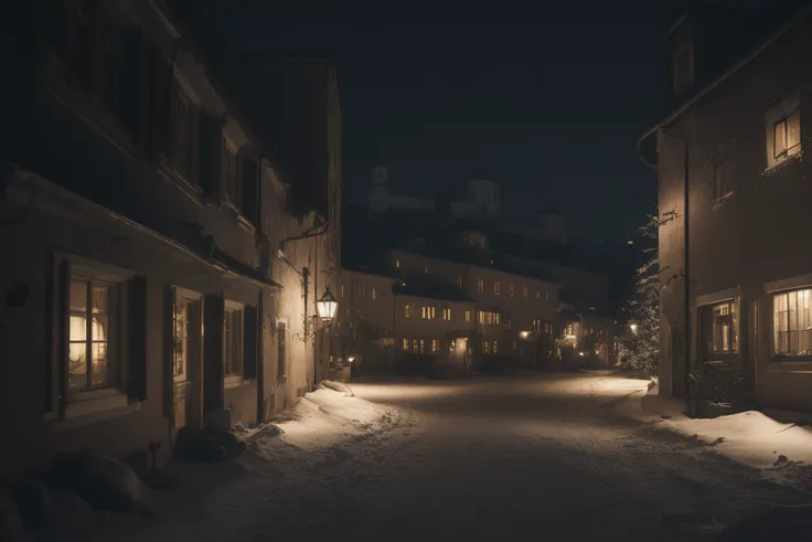 (salzburg austria in the 18th centruy:1.4), a backalley, looking through warm window, blowing snow, night, dark moody atmosphere, 8k uhd, dslr, soft lighting, high quality, volumetric lighting