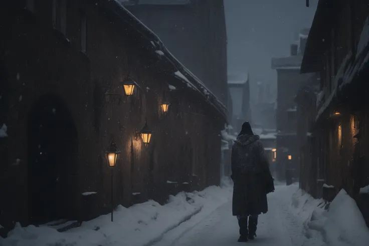 closeup, over-the-shoulder shot of a man walking through a backalley, wearing 18th century wool cloak, (blowing snow:0.9), night, (salzburg austria in the 18th centruy:1.4), dark moody atmosphere, 8k uhd, dslr, soft lighting, high quality, volumetric lighting