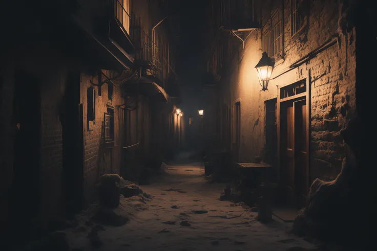 18th centruy, a backalley, warm glow, blowing snow, night, dark moody atmosphere, 8k uhd, dslr, soft lighting, high quality, volumetric lighting