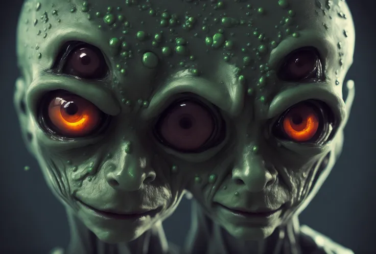fking_scifi_v2, portrait of an alien, large eyes, slick skin, slime, 80mm, f/1.8, dof, bokeh, depth of field, subsurface scattering, stippling