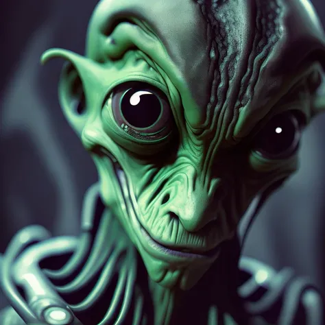 fking_scifi_v2, portrait of an alien, large eyes, slick skin, slime, 80mm, f/1.8, dof, bokeh, depth of field, subsurface scattering, stippling