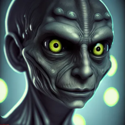 fking_scifi_v2, portrait of an alien, large eyes, slick skin, slime, 80mm, f/1.8, dof, bokeh, depth of field, subsurface scattering, stippling