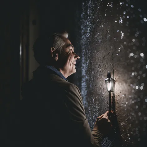 Middle-aged person in boundary wall Heartwarming atmosphere Light sparkles