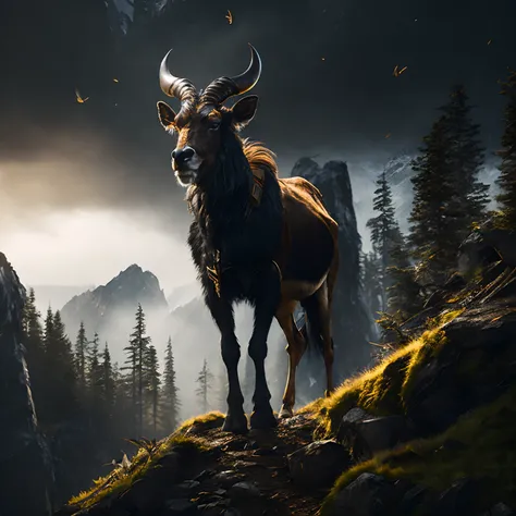 Environmental portrait shot of Qilin in Hiking trail, photorealistic, cinematic lighting, volumetric lighting, dark atmosphere,