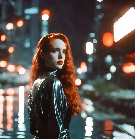 scene from 90's sci-fi movie, half body shot (35mm photo) of a 20 year old woman, redhead with wet long hair, glossy lips, looking forlorn and deep in thought, dressed in model dress, blade runner city mixed with Chicago, raining, film grain, (dutch angle)
 <lora:rzAnalog1521_sd2110:1>