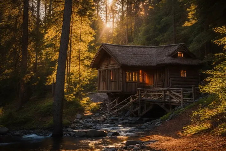 Nikon D750 shot of a hut in the forest, surrounded by woods, a river flows through the woods and there is a bridge that goes over the river, deep shadows, Sunbeams,