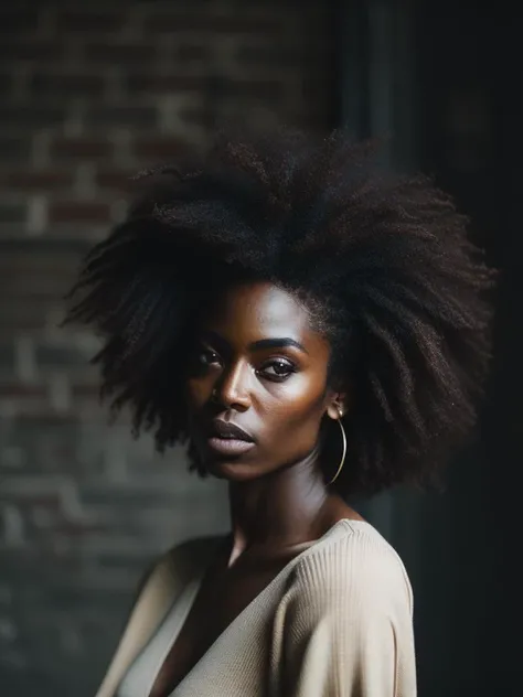 modelshoot style, Portrait of a very beautiful afro woman, Shot on Sony A1 with Sony 50mm f/1.2 GM lens, natural light, low key, natural colors, film style, Kodak film, film look, high resolution, photo, photographic, hyper realistic, photorealistic, highly detailed