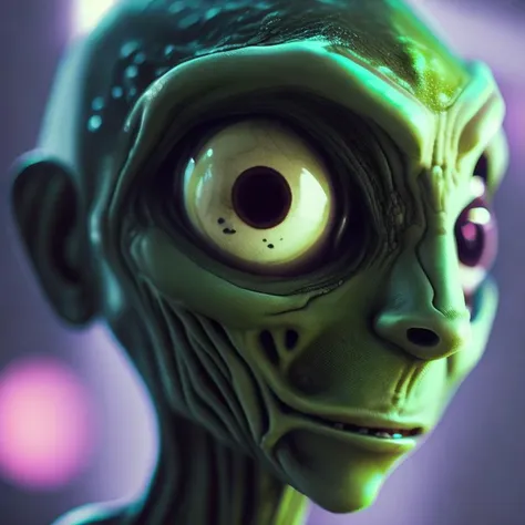 fking_scifi_v2, portrait of an alien, large eyes, slick skin, slime, 80mm, f/1.8, dof, bokeh, depth of field, subsurface scattering, stippling