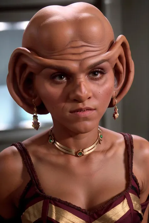 ferengi woman, Emma Watson, big ears, bald, forehead, dark skin, brow ridge, dress, earrings, <lora:race_st_ferengi:0.7>