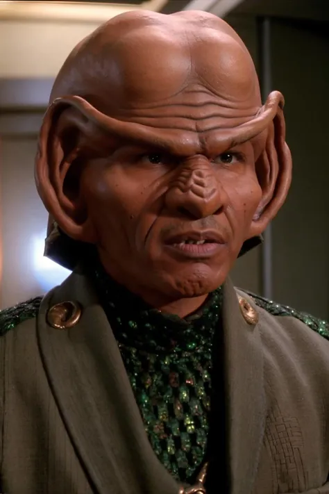 ferengi man, Jamie Foxx, big ears, bald, forehead, dark skin, brow ridge, jacket, shirt, headgear, <lora:race_st_ferengi:0.7>