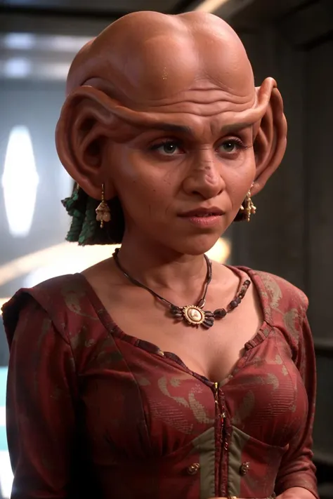 (half body:1.5), hyper realistic gopro action photo of a ferengi, woman, big ears, bald, brow ridge, nose marks, sharp teeth, forehead tattoo, forehead, dark skin, on a starfleet ship,  <lora:race_st_ferengi:0.8> ferengi, big ears, bald, brow ridge