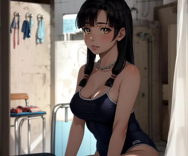best quality, (masterpiece:1.2), detailed, <lora:chara_SuiseiNoGargantia_Saaya_v1:0.9>, saaya sng, 1girl, solo, long hair, black hair, brown eyes, sidelocks, large breasts, necklace, beads,  <lora:add_detail:0.7>, swimsuit pull, blurry, blurry_background, depth_of_field, horizon, lips, looking_at_viewer, photo_\(medium\), photo_background, photorealistic, realistic, school swimsuit, changing room, locker room,  lip biting, full body, bench,  <lora:sukumizu_lora-10:0.5>