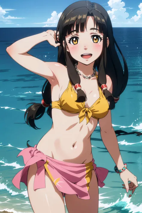 best quality, (masterpiece:1.2), detailed,
<lora:chara_SuiseiNoGargantia_Saaya_v1:0.9>, saaya sng,
1girl, solo, blush, light smile, open mouth,
long hair, black hair, brown eyes, sidelocks, medium breasts,
yellow bikini, (pink sarong:1.2), necklace, beads,
standing, looking at the viewer,
outdoors, ocean, splash, partially submerged