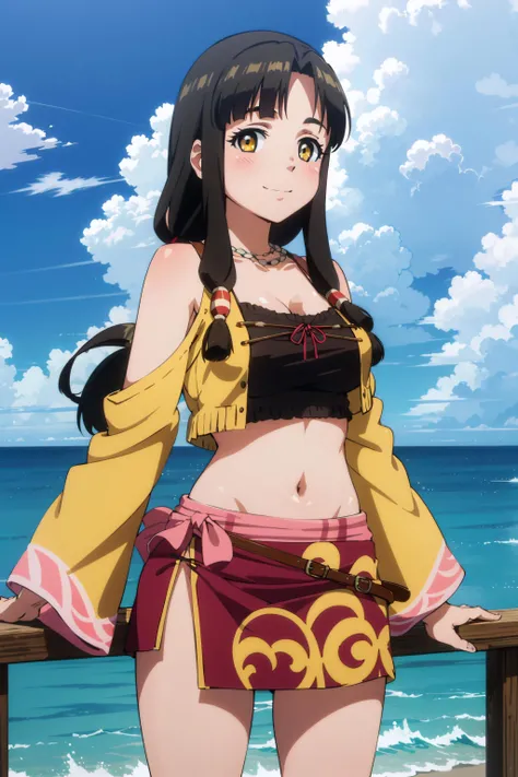 (masterpiece), (best quality), anime art style, kaori, waist-length black hair, side ponytail, brown eyes, ((calm smile)), ((medium breasts)), ((white bikini)), (full body), exposed chest, bare navel, legs in the sand, beautiful figure, beach scene