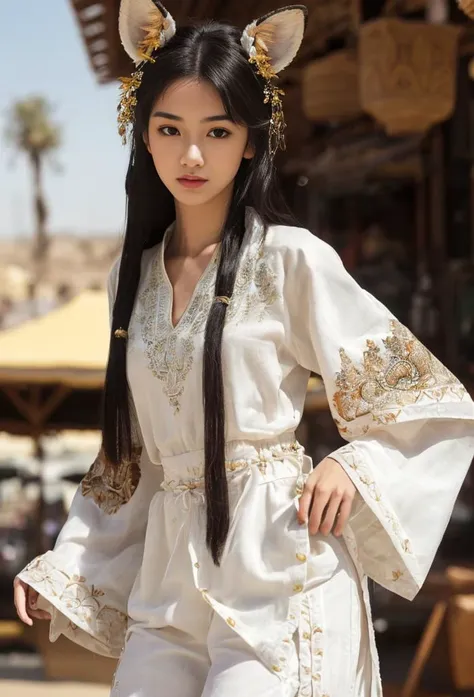 <lora:lora-hanfugirl-v1-5:0.6> , 
(RAW photo, best quality), (realistic, photo-realistic), (an extremely delicate and beautiful),
a ((teen)) from asian ,,black hair ,(20  years old),,flat chest,
(beautiful face ,cute face,looking at viewer,white skin,thin waist),
(Arabian-style outfit) ((elaborate short-sleeved tunic with intricate geometric patterns, flowing pants, adorned with decorative belts, and embroidered details,fox ears)),
beautiful and detailed eye description (mesmerizing eyes, reflecting an air of mystery and allure), slender figure, graceful and enchanting pose, captivating presence,
detailed background (extremely detailed 8K wallpaper, an exotic and vibrant setting, lush palm trees, colorful market stalls, and distant desert dunes),
(cinematic style, warm lighting, captivating atmosphere, blending exotic allure and intricate craftsmanship, upper body),