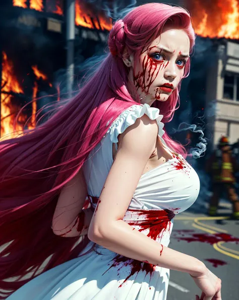 (medium shot) photo of 1 girl, euphemia li britannia, (look at viewer), (solo focus:1.4),
(torn white dress, pink_rose_color, long hair:1.3),
blood, (blood on face, blood on clothes:1.3),
cleavage, huge breast, narrow waist, big pelvic, thigh,
in ruined city background, (explossion, fire, smoked:1.3),
(realistic skin, eye focus, sharp focus, masterpiece,best quality, finely detailed,extremely detailed, realistic detail,clear_image,realistic, high_resolution,distinct_image:1.3) <lora:Code Geass - Euphemia li Britannia @ Euphemia li Britannia-000016:0.8> <lyco:locon_blood_v1_from_v1_64_32:0.68>
