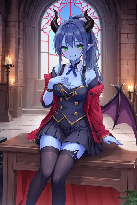 {bestquality},{{masterpiece}},{highres},extremelydetailedCG,extremelydetailed8Kwallpaper,extremelydetailedcharacter,full body,
1girl,solo, <lora:misaki3:0.4>,misakiA,smile,green eyes, looking at viewer,ponytail,ribbon,
<lyco:Succubus ColoredSkin_v10:1.0>succubus,demon horns,(blue SKIN:1.4),
church, sitting, bare legs,