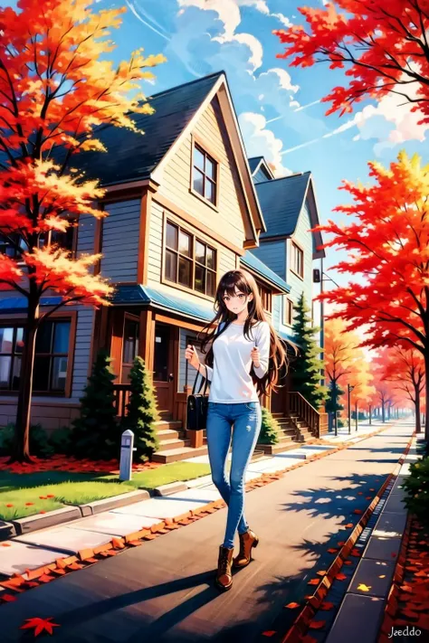 <lora:è¡é:0.7>,jiedao,1girl,full body,tree,outdoors,solo,ground vehicle,road,scenery,car,autumn,autumn leaves,building,motor vehicle,bag,house,jeans,denim,long hair,brown,<lora:mn_20231013145446:0.9>,mn,