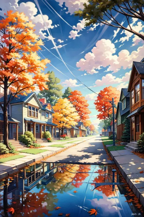 <lora:è¡é:0.9>,jiedao,tree,scenery,no humans,watercolor style,outdoors,autumn leaves,autumn,building,sky,road,ground vehicle,reflection,cloud,bench,house,day,window,bridge,leaf,1girl,full body,