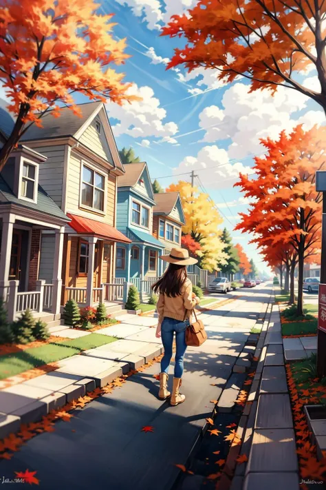 <lora:è¡é:0.9>,jiedao,1girl,full body,tree,outdoors,solo,ground vehicle,road,scenery,car,hat,autumn,autumn leaves,building,motor vehicle,from behind,bag,house,jeans,denim,long hair,brown,