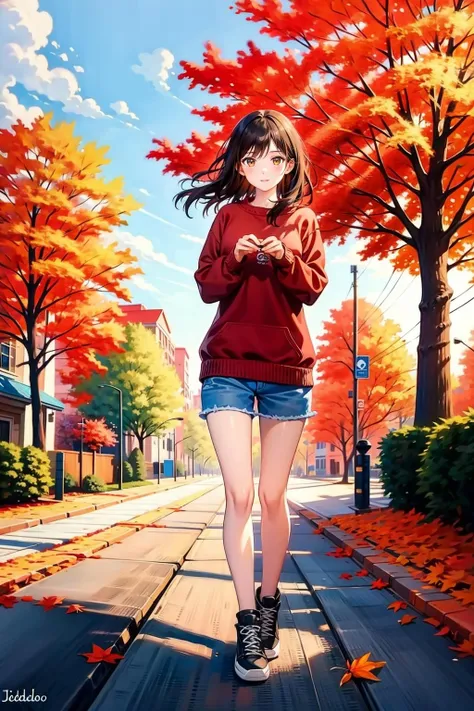 <lora:mn_20231013145446:0.9>,mn,<lora:è¡é:0.7>,jiedao,1girl,full body,tree,1girl,outdoors,solo,road,scenery,autumn,autumn leaves,day,shorts,