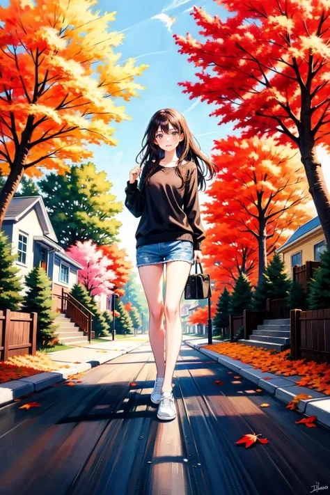 <lora:mn_20231013145446:0.9>,mn,<lora:è¡é:0.7>,jiedao,1girl,full body,tree,1girl,outdoors,solo,bikini,ground vehicle,road,scenery,car,autumn,autumn leaves,building,motor vehicle,bag,house,long hair,brown hair,street,fence,walking,day,