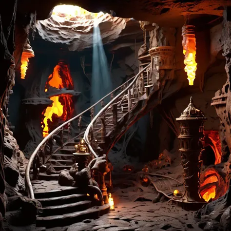 ((best quality)), ((masterpiece)), ((realistic,digital art)), (hyper detailed),scrapbuiltai  Alternate Dimensions Finial,Staircase,Lava Tube Caves, octane rendering, raytracing, volumetric lighting, Backlit,Rim Lighting, 8K, HDR,  <lora:ScrapBuiltAI:1>