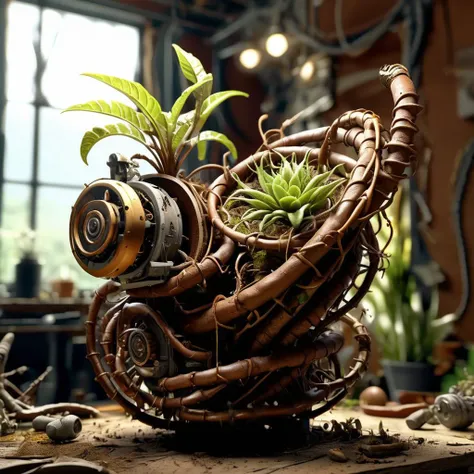 ((best quality)), ((masterpiece)), ((realistic,digital art)), (hyper detailed),scrapbuiltai Small Raw Umber Compact Coiled plant, Synsepalous, Spiral Phyllotaxy, Anchor root , octane rendering, raytracing, volumetric lighting, Backlit,Rim Lighting, 8K, HDR, <lora:ScrapBuiltAI:1>