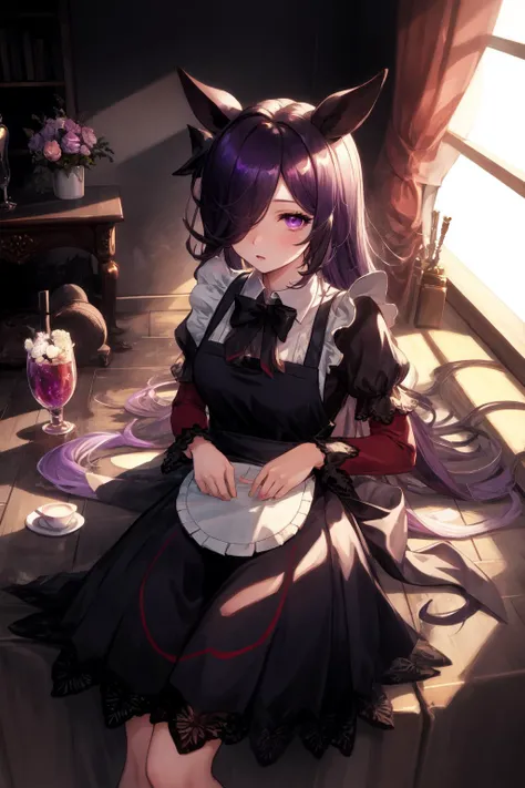 1girl, r1ce sh0wer, purple eyes, hair over one eye, maid, <lora:Rice Shower_40794:0.8>, <lora:GBF_Splash:1>, splash art