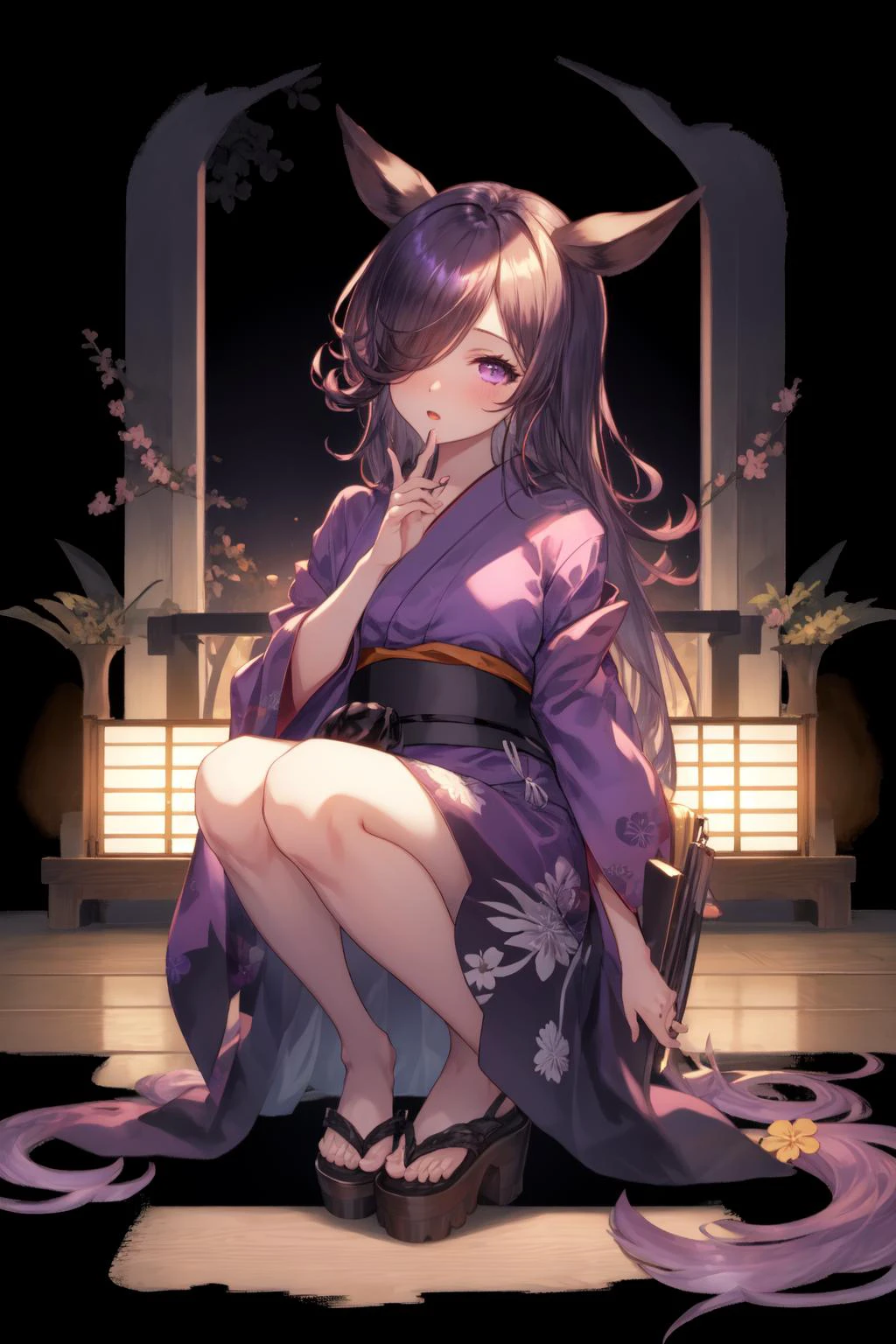 1girl, r1ce sh0wer, purple eyes, hair over one eye, yukata, <lora:Rice Shower_40794:0.8>, <lora:GBF_Splash:1>, splash art