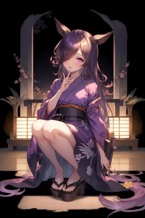 1girl, r1ce sh0wer,  purple eyes, hair over one eye, yukata, <lora:Rice Shower_40794:0.8>, <lora:GBF_Splash:1>, splash art