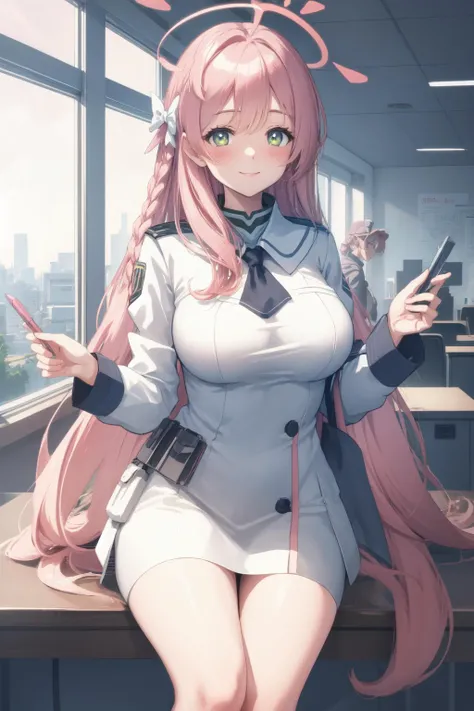 verse5 off1ce, halo, <lyco:Hanako-000020:1.0>, lewd, smile, blush , in office, document, working, ((Establishing Shot)), (Anime:1.2),