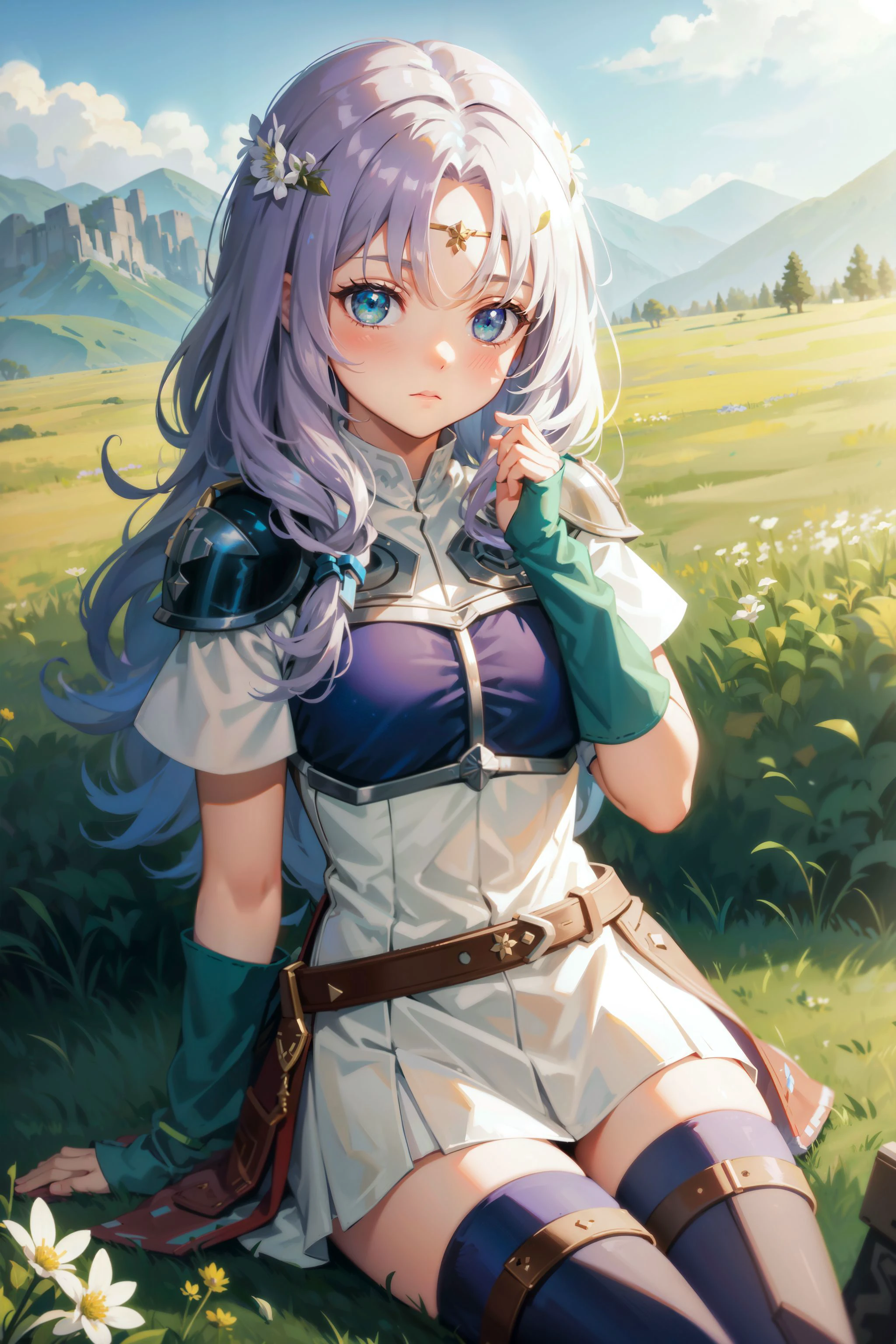 1girl, armor, bangs, belt, blue_sky, blush, boots, breastplate, breasts, circlet, cloud, cloudy_sky, dandelion, day, dress, field, fingerless_gloves, flower, flower_field, gloves, grass, green_eyes, horizon, lake, long_hair, looking_at_viewer, mountain, mountainous_horizon, on_grass, on_ground, outdoors, purple_flower, river, shoulder_armor, sitting, sky, solo, thighhighs, white_flower