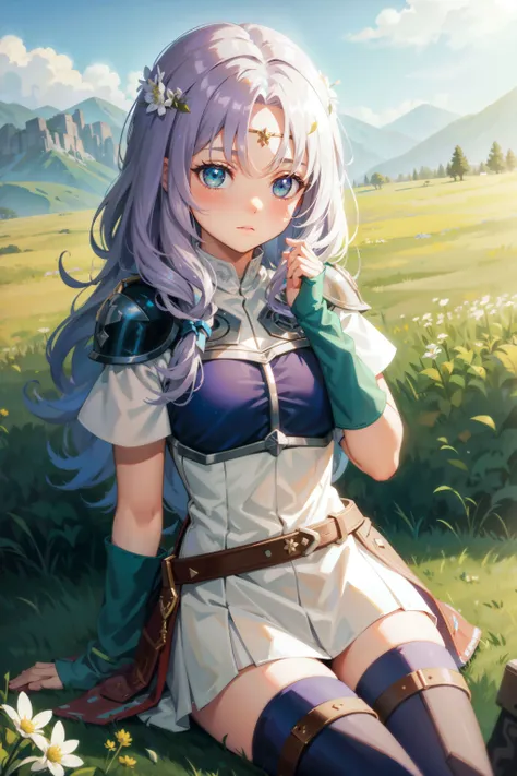 1girl, armor, bangs, belt, blue_sky, blush, boots, breastplate, breasts, circlet, cloud, cloudy_sky, dandelion, day, dress, field, fingerless_gloves, flower, flower_field, gloves, grass, green_eyes, horizon, lake, long_hair, looking_at_viewer, mountain, mountainous_horizon, on_grass, on_ground, outdoors, purple_flower, river, shoulder_armor, sitting, sky, solo, thighhighs, white_flower