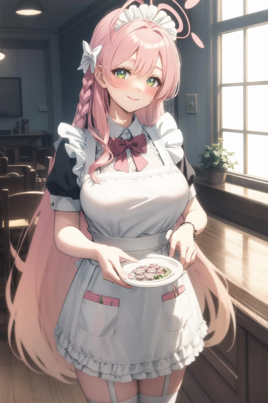 maid, maid headdress, maid apron, halo, <lyco:Hanako-000020:1.0>, lewd, smile, blush , serving viewer, ((Establishing Shot)), (Anime:1.2),