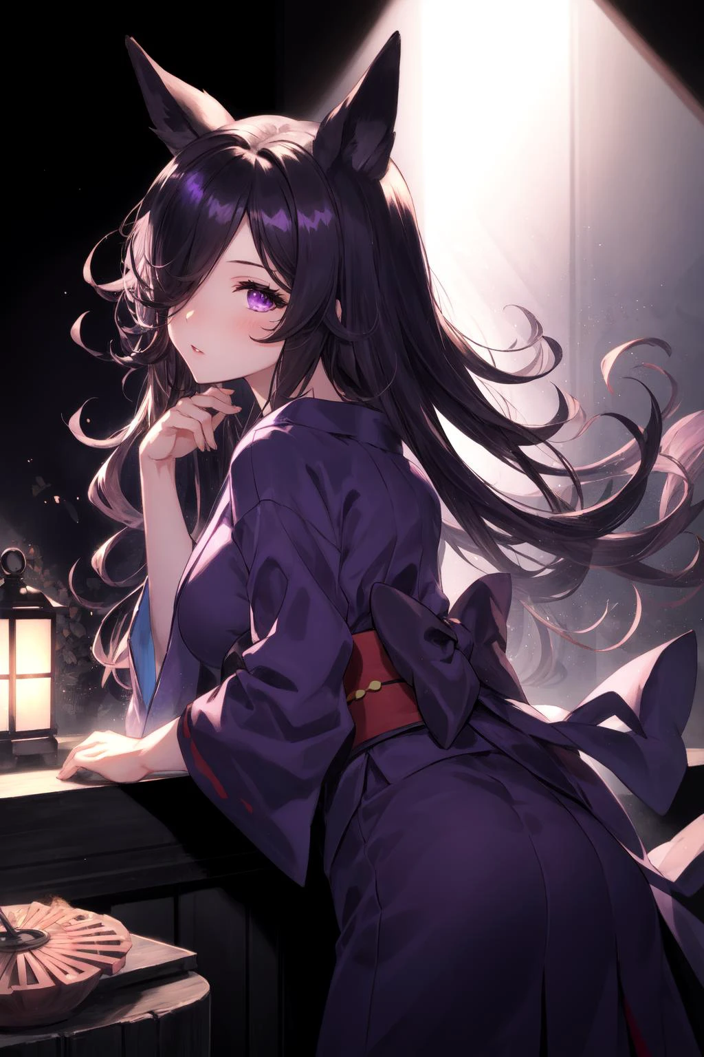 1girl, r1ce sh0wer, purple eyes, hair over one eye, yukata, <lora:Rice Shower_40794:0.8>, <lora:GBF_Splash:1>, splash art