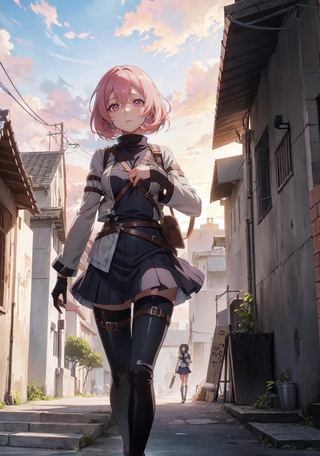 1girl, mature, (anime girl:1.4), exploring , walking, dungeon ,pink eyes,(no pupils:1.3),(empty eyes:1.3), ruin city,(solo:1.4),(medium breasts:1.1)