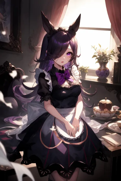 1girl, r1ce sh0wer,  purple eyes, hair over one eye, maid, <lora:Rice Shower_40794:0.8>, <lora:GBF_Splash:1>, splash art