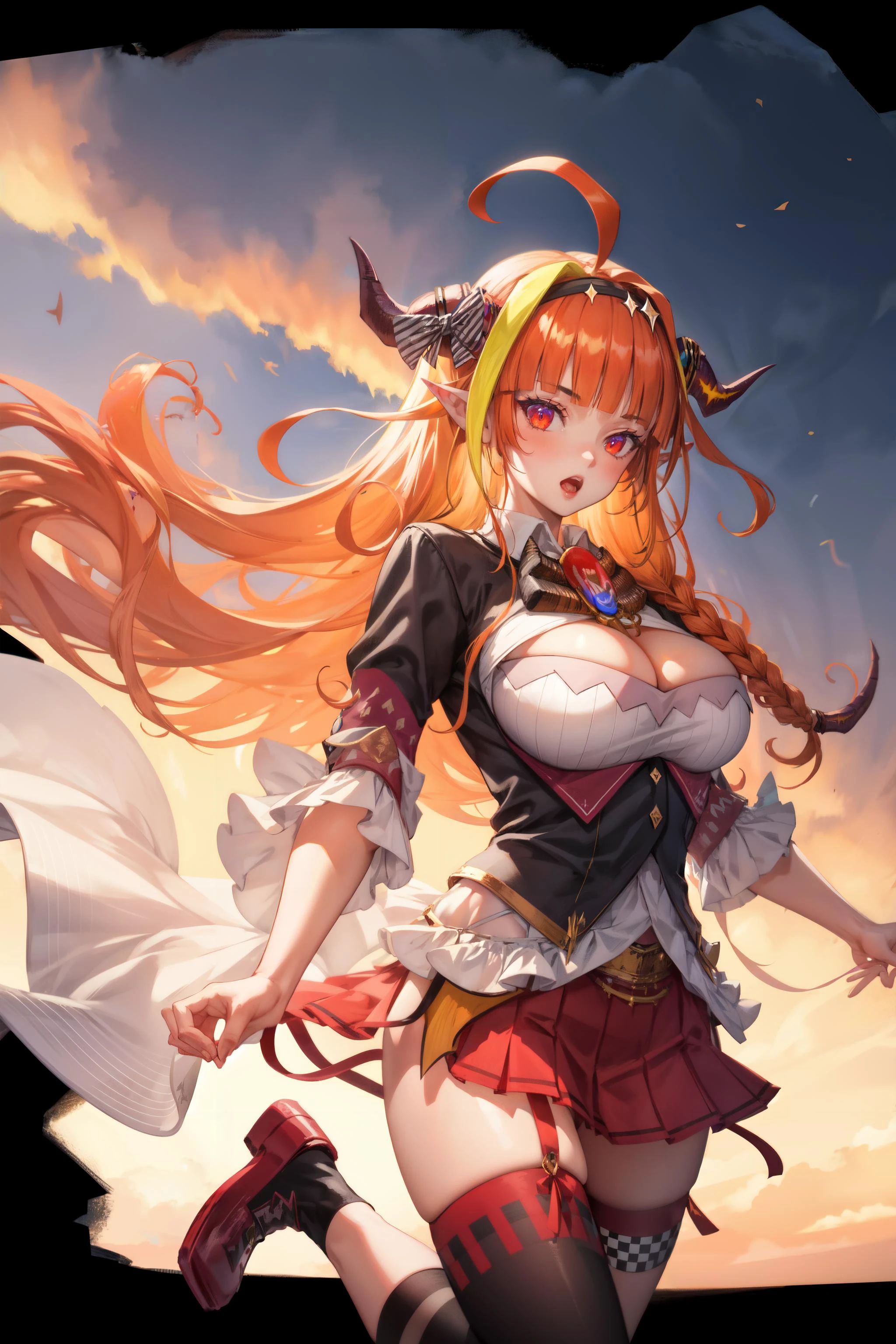 1girl, ahoge, asymmetrical legwear, bangs, black bow, black hairband, black jacket, blonde hair, blunt bangs, bow, braid, breasts, brooch, chain necklace, cleavage, cleavage cutout, clothing cutout, cloud, cloudy sky, diagonal-striped bow, dragon girl, dragon horns, dragon tail, dragon wings, eyebrows visible through hair, gem, hair ornament, hairband, hip vent, horn bow, horn ornament, horns, jewelry, kiryu coco, large breasts, long hair, looking at viewer, miniskirt, multicolored bow, multicolored eyes, multicolored hair, open mouth, orange hair, outdoors, pleated skirt, pointy ears, purple eyes, red eyes, red skirt, scales, shirt, side-tie skirt, side braid, single braid, single thighhigh, skirt, sky, solo, streaked hair, striped, tail, thighhighs, thighs, uneven legwear, virtual youtuber, white bow, <lora:kiryu_coco_v1:1>, <lora:add_detail:0.4>