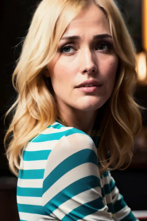 portrait photo of roseB1 ,(blue and green striped shirt), (dirty blonde hair), alluring portrait, intricate, highly detailed, digital painting, artstation, concept art, naughty, sharp focus, cinematic lighting, illustration, art by artgerm and greg rutkowski, alphonse mucha, cgsociety